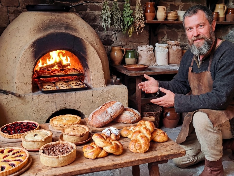 Medieval pies, tarts and braided bakes on a table before a clay oven